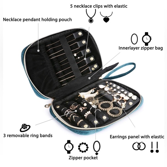 Bagsmart Velvet Jewelry Organizer Travel Bag Quilted Teal Wristlet Gold Hardware - Picture 14 of 15